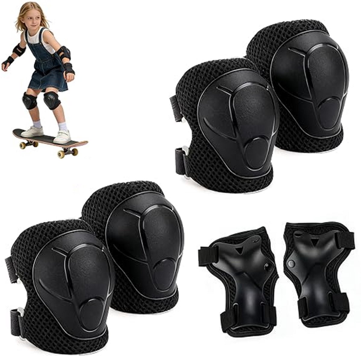 Kinderbeschermingsset - 6-delige set - Beschermingsset - Inclusief kniebeschermers, elleboogbeschermers en polsbeschermers - Verstelbaar - Geschikt voor skateboarden, rolschaatsen, fietsen, steppen en diverse buitensporten - One size fits all - Zwart