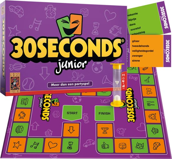 30 Seconds Junior speldoos, speelbord, zandloper en kaarten met woorden zoals vakantie en gitaar.