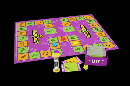 Paars-groen 30 Seconds Junior bordspel met pionnen, zandloper, kaartenbak en speelkaarten met woorden.