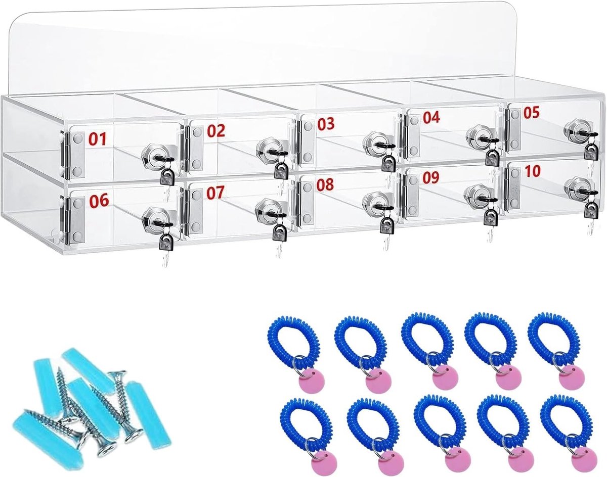 Telefoonkluis - Transparant - B-10 Slots - Acryl Mobiele Telefoon Opbergkast met Slot - Voor Klaslokalen en Kantoren