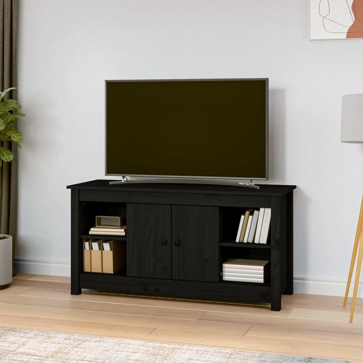 TV-kast massief hout - Mediameubel entertainment - Opbergen en organiseren - Veelzijdige opbergruimte - 103 cm breed - Zwart