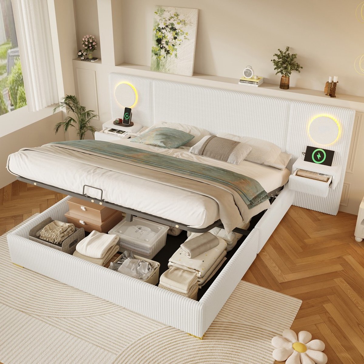 Pugsdrly 180x200 cm gestoffeerd bed van fluweel met LED-hoofdeinde, USB-aansluitingen en hydraulische opbergruimte, BEIGE