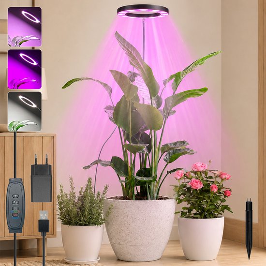 Rosnek LED Kweeklamp - Full Spectrum Groeilamp voor Planten - Dimbare Ringlamp met Timer 3/9/12 uur - In Hoogte Verstelbare Plantenlamp voor Grote en Kleine Kamerplanten - USB met