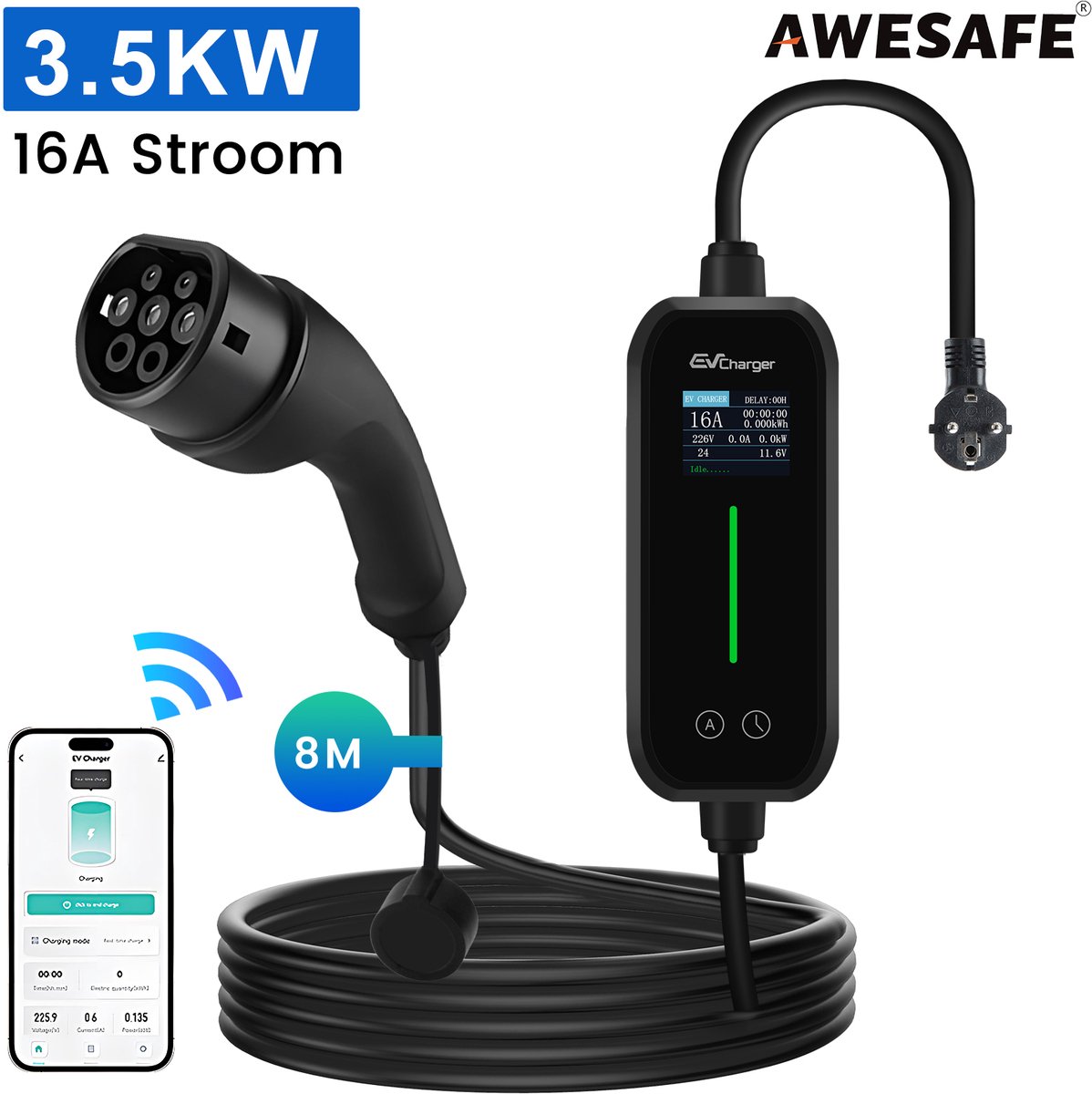 Awesafe Laadkabel Auto - Mobiele Thuislader EV-Lader Type 2 - 3.5 kW 16A Draagbare Charger - Waterdicht - 8 M - 6A/8A/10A/13A/16A Schakelbaar - Geschikt Voor Elektrische Auto - Met transporttas - Zwart