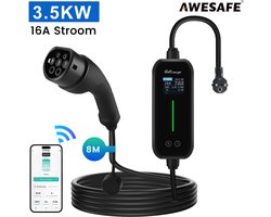 Awesafe Laadkabel Auto - Mobiele Thuislader EV-Lader Type 2 - 3.5 kW 16A Draagbare Charger - Waterdicht - 8 M - 6A/8A/10A/13A/16A Schakelbaar - Geschikt Voor Elektrische Auto - Met transporttas - Zwart