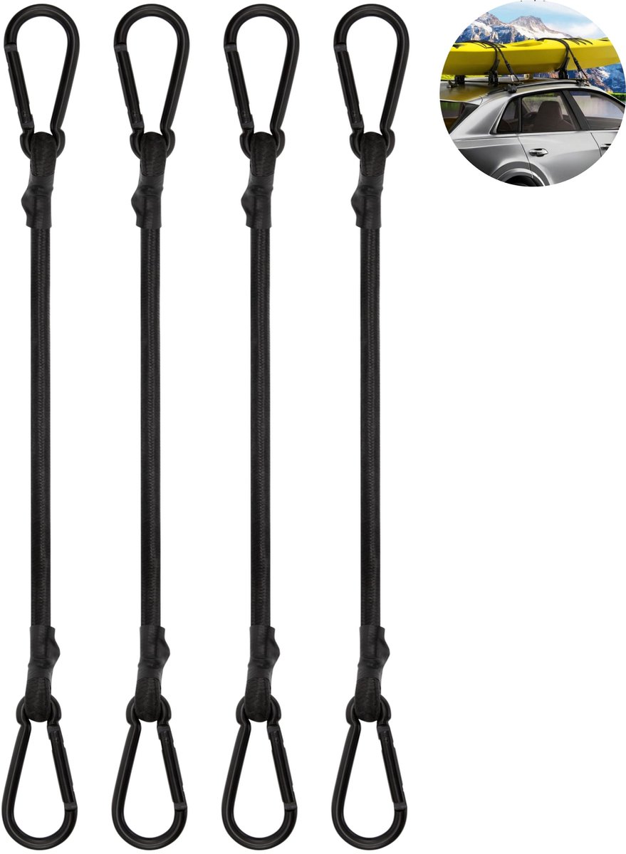 4 stuks - elastiek bungee koord met karabijnhaak - spanband - bagage elastiek - camping bindtouw - 8mm dik elastisch koord - sterke trek - anti-slijtage - 30cm lengtes - Voor kamperen, bagage, auto koffer, waslijn, buitengebruik - zwart