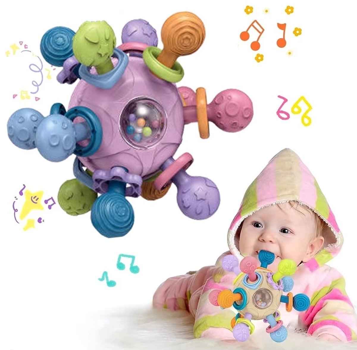 Casalora – Speelgoed geschikt voor baby’s van 0–6–12 maanden – Educatief speelgoed – Sensorische schudbal – Babybal – Grijpspeelgoed – Activiteitenspeelgoed – Bijtspeeltjes – Babybadspeelgoed – Paars