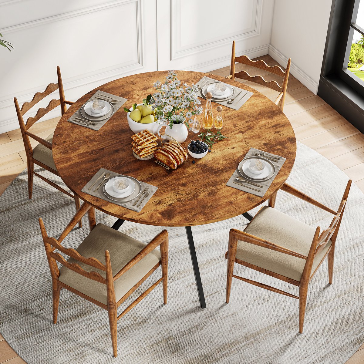 Eettafel 120x120x79 cm, ronde tafel voor 4-6 personen, industriële eettafel met dubbele opbergplank, metalen frame en houtlook tafelblad, zwart