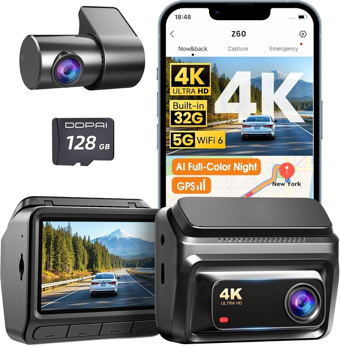 Dashcam voor auto - Zwart - 3 inch IPS Display - 4K Front en 1080P Achter Camera met GPS en Nachtzicht - Voor Personenauto's