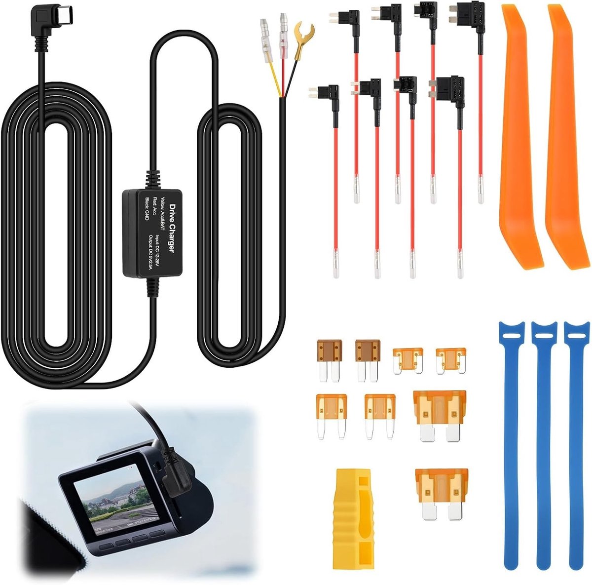 Dashcam voor auto - Zwart - 3,2 meter - Hardwire Kit met USB-C Laadkabel - Voor Voertuigbewaking en Ritregistratie