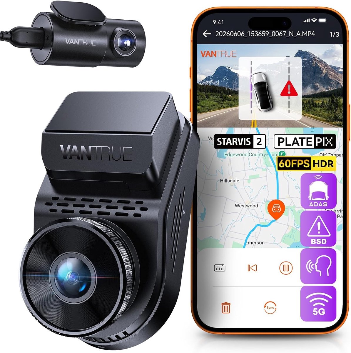 Dashcam voor auto - Zwart - 2,7K + 1080p Dual Lens - Met Nachtzicht en 24-uurs Parkeermonitoring - Voor en Achter Opname