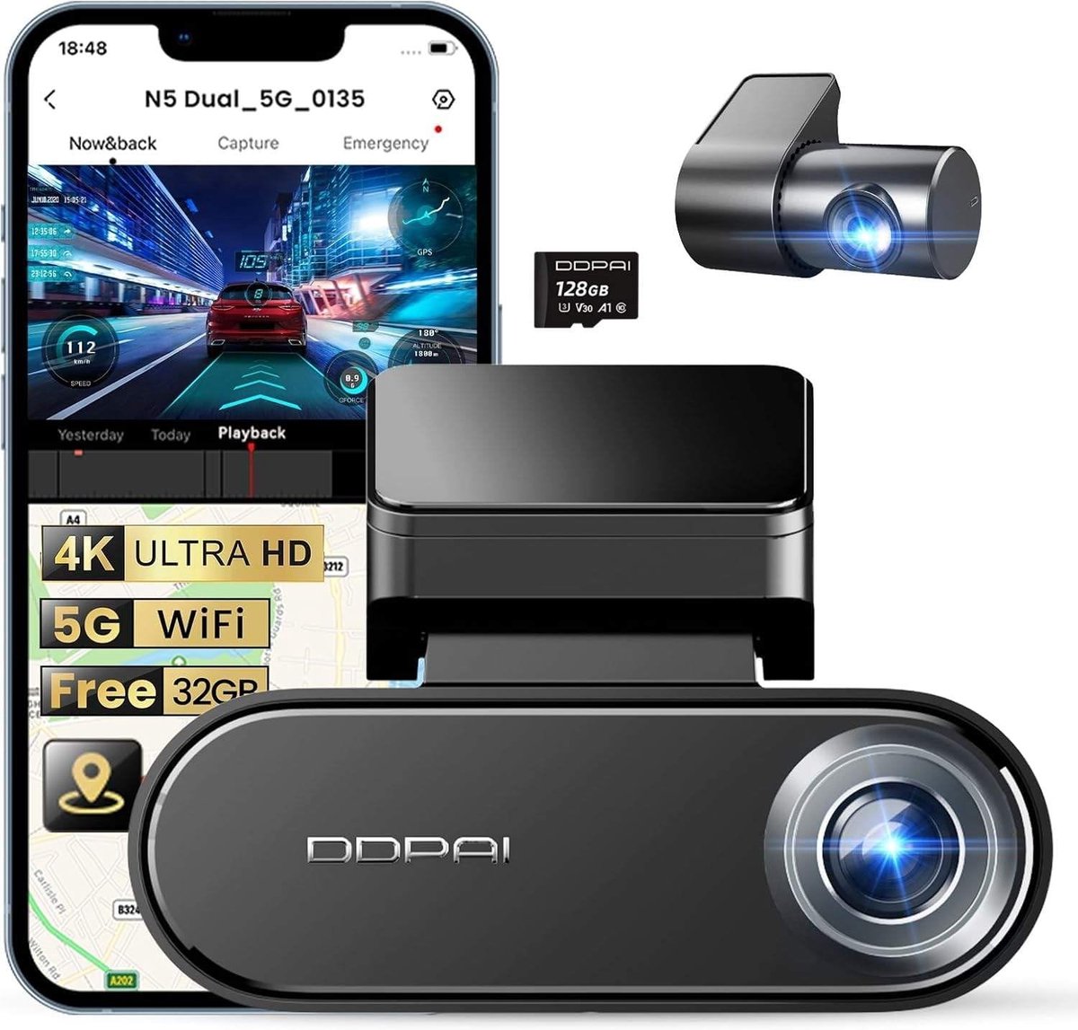 Dashcam voor auto - Zwart - 4K + 1080P Dual Camera - Met GPS, Nachtzicht en 128GB Geheugenkaart - Voor Personenauto's
