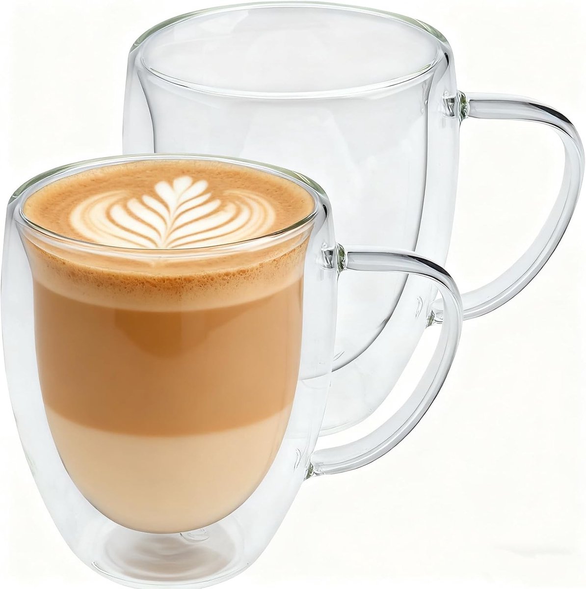 Dubbelwandige glazen mokken voor warme dranken met handvatten, 2 x 350ml, ideaal voor koffie, latte en warme chocolademelk