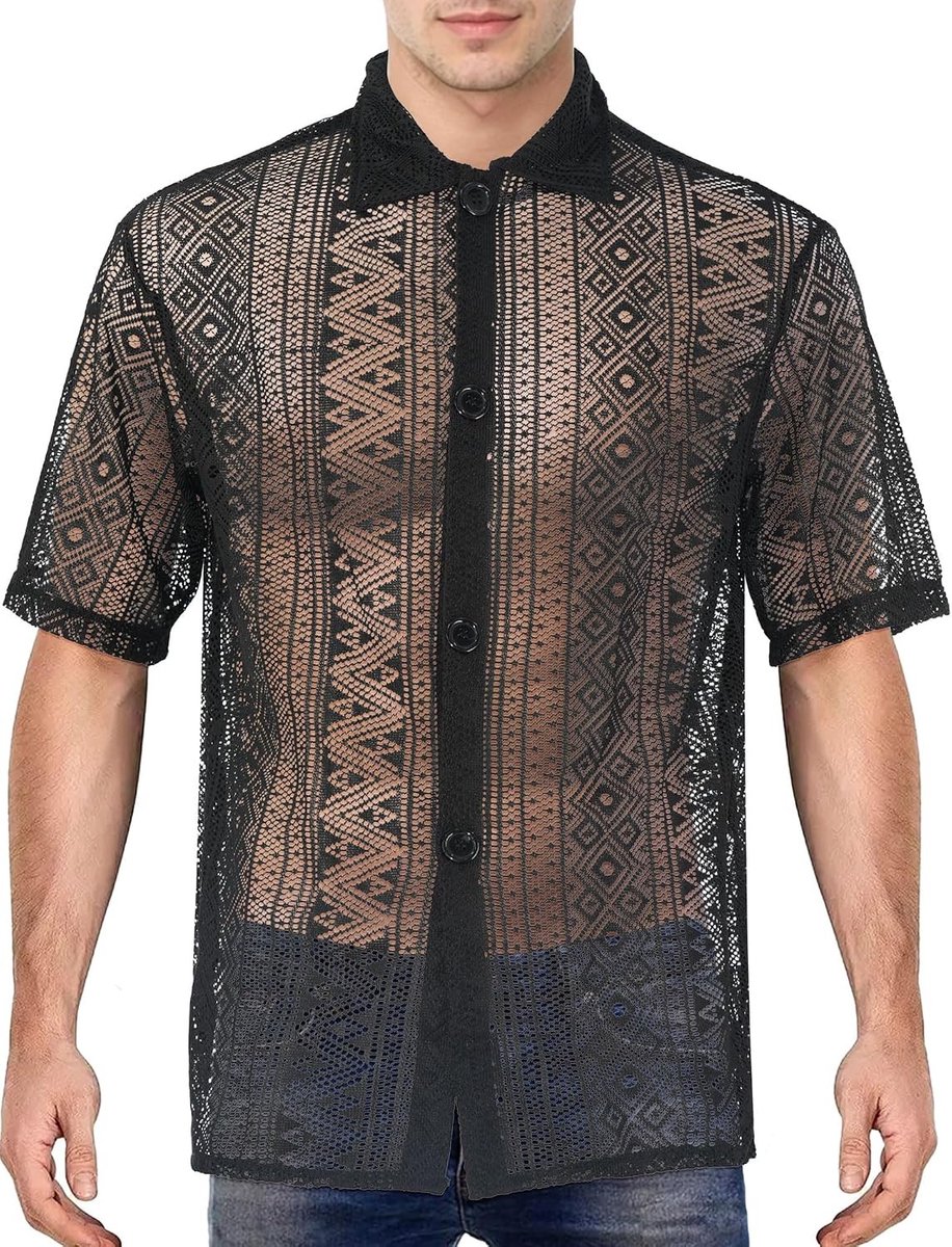 Transparante Mesh T-shirt voor Mannen met Zakjes - Ideaal voor Disco en Zomeroutfits, Lingerie Stijl