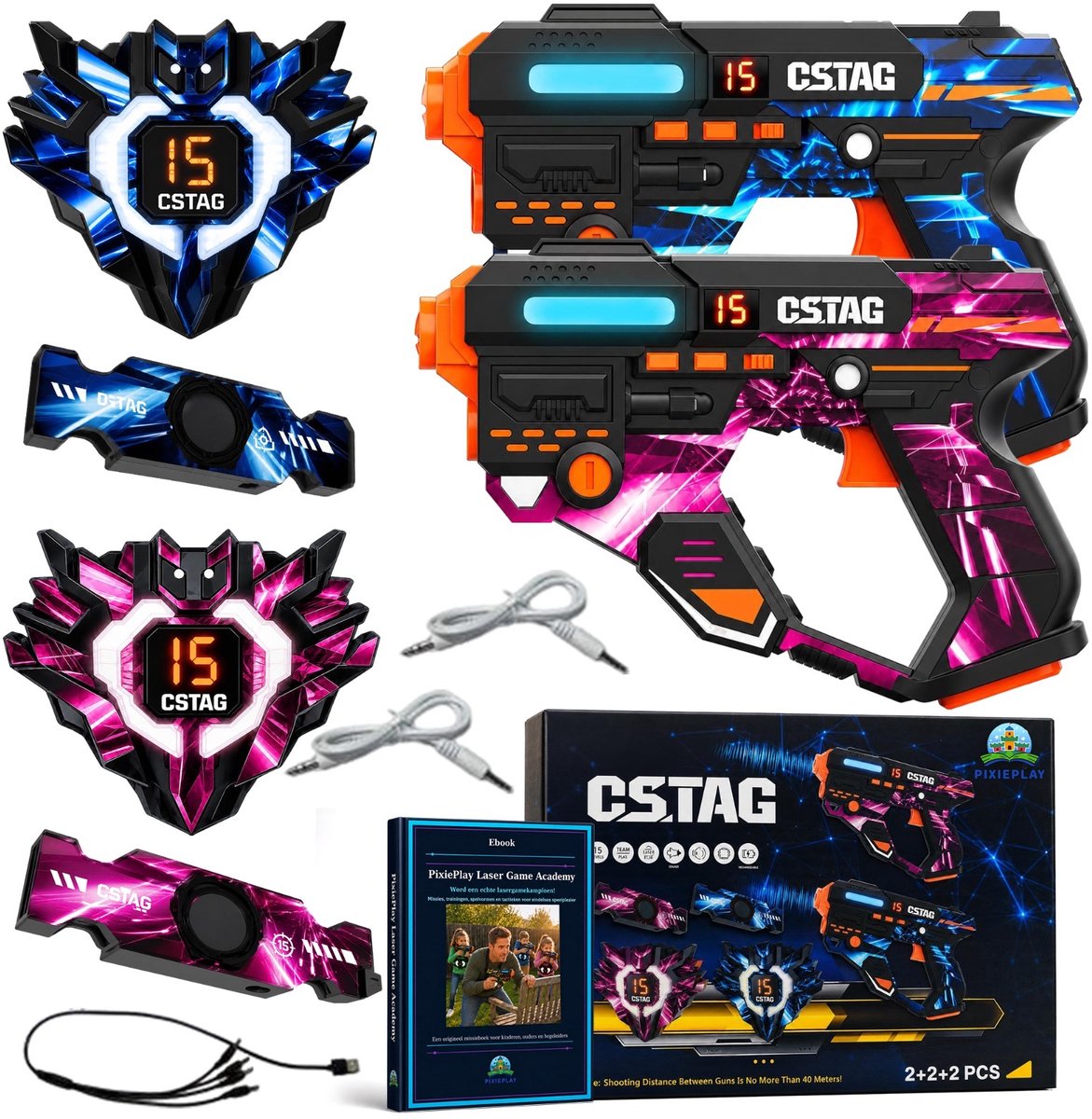 PixiePlay Oplaadbare Lasergame set voor Kinderen - 360° sensoren - Volwassenen - Laserguns - 2 Persoons Laser Tag Set met 2 Blasters en Vesten - Incl. E-book - voor Binnen en Buiten