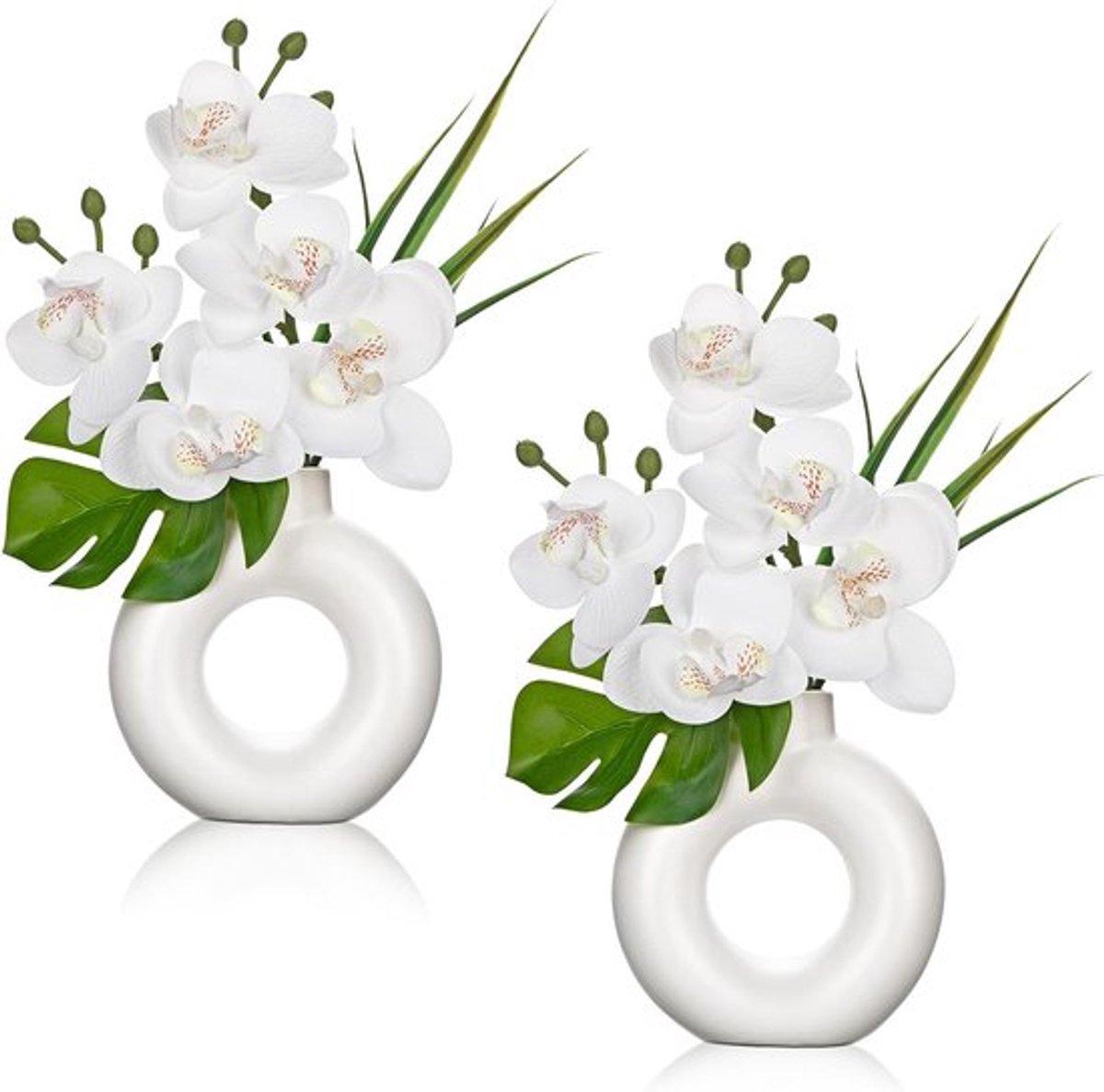 2 Stuks Kleine Witte Orchideeën Kunstbloemen in Zwarte Keramieken Pot - Nepplant voor Thuis, Kantoor of Eetkamer als Tafeldecoratie en Centerpiece