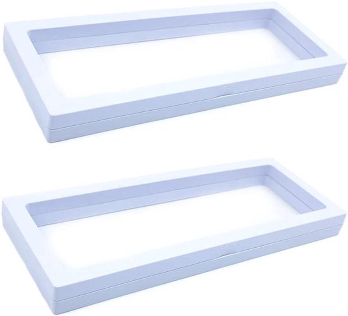 Display box voor sieraden - 3D vitrine - drijvende framehouders - 230 x 90 mm - munten sieraden halsketting - wit - medaillons oorbel stenen - PET ophanging - geschikt voor diverse sieraden.