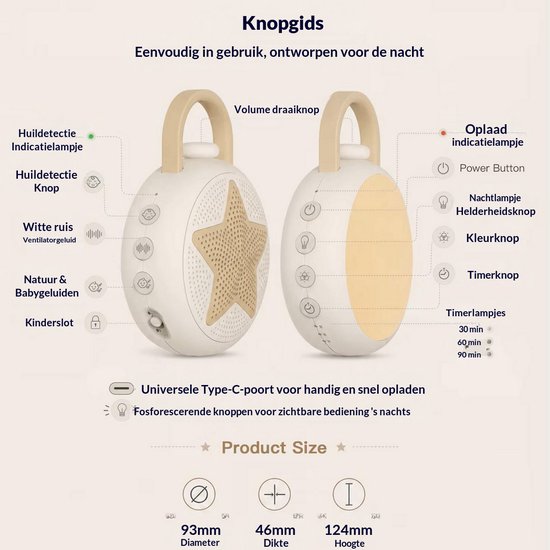 Nexeli NX-KC-35 White Noise Machine Baby met Sterrennachtlamp & Huilsensor - Draagbaar Slaapgeluiden Apparaat - 21 Kalmerende Geluiden - Oplaadbaar - Beige van Nexeli Nx — afbeelding 5