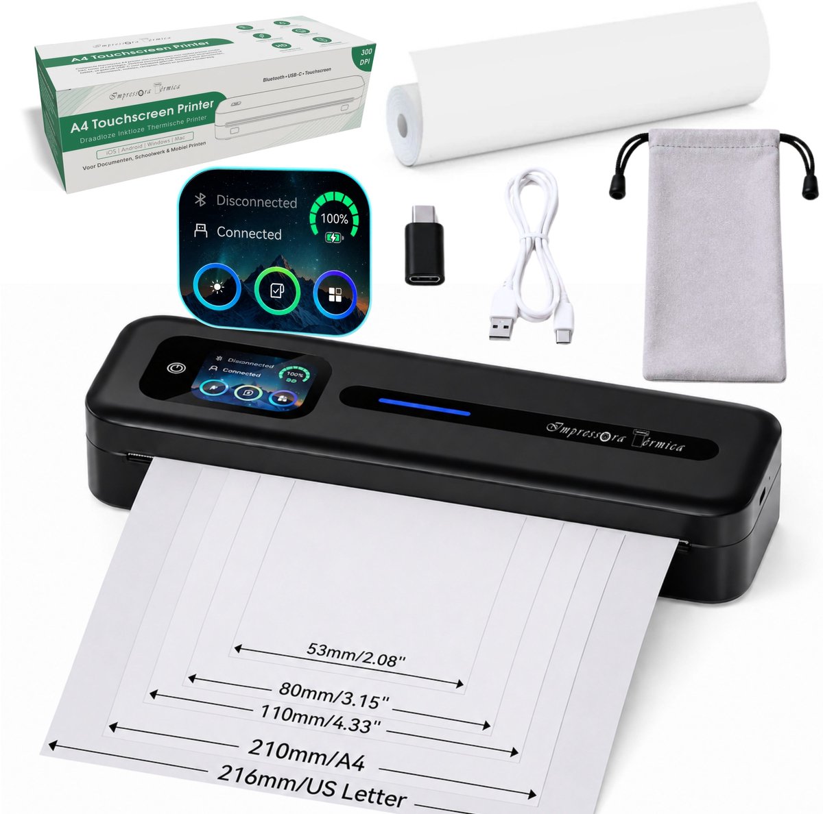 Impressora Térmica® - A4 Thermische Printer - Mini printer - Met Scherm - Direct Thermisch Printen - A4 Formaat 210 × 297 mm - Inktloos - 304 DPI Printresolutie - Bluetooth/USB - Geschikt voor Documenten en Labels - Zakelijk en Thuisgebruik