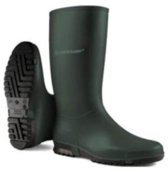 Donkergroene Dunlop regenlaarzen met zwarte zool en profiel.