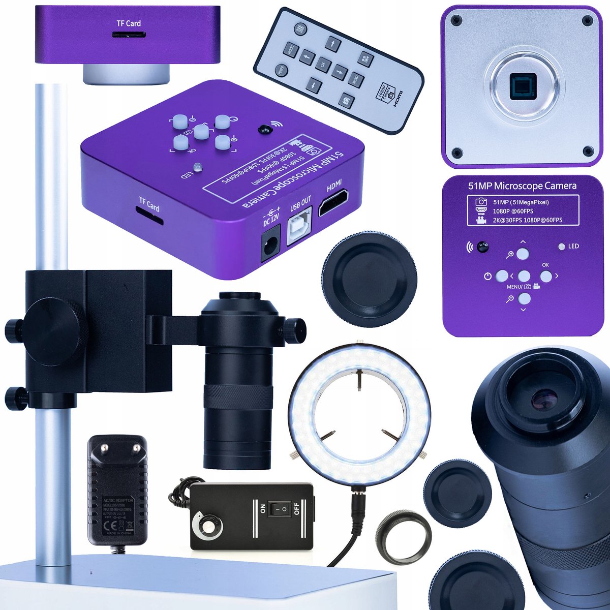 Rosfix Microscoopcamera Puppis Pink PRO Set - 51MP HDMI/USB - C-Mount 100x Objectief, Aluminium