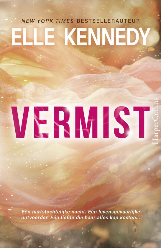 Couverture du livre "Vermist" d'Elle Kennedy, avec des couleurs douces orange et jaune, et le titre en grandes lettres roses.