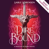Audioboek "Dire Bound" van Sable Sorensen met een zwaard met een wolvenkop en een rode achtergrond.