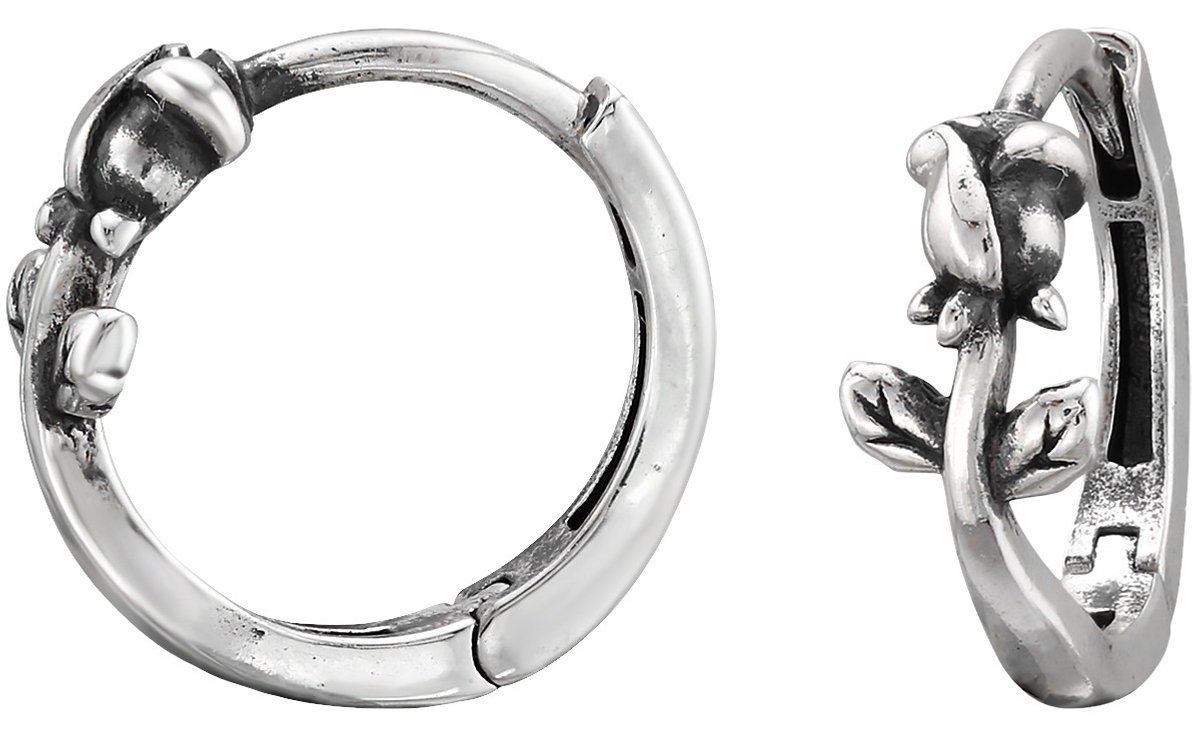Joy|S - Zilveren roos oorbellen - 12 mm oorringen - geoxideerd - klap scharnier sluiting - sterling zilver 925 - oorringen met een roosje - bloem oorbellen voor dames