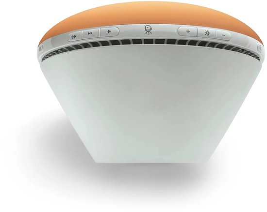 Witte wekker met oranje bovenkant en bedieningsknoppen aan de zijkant.
