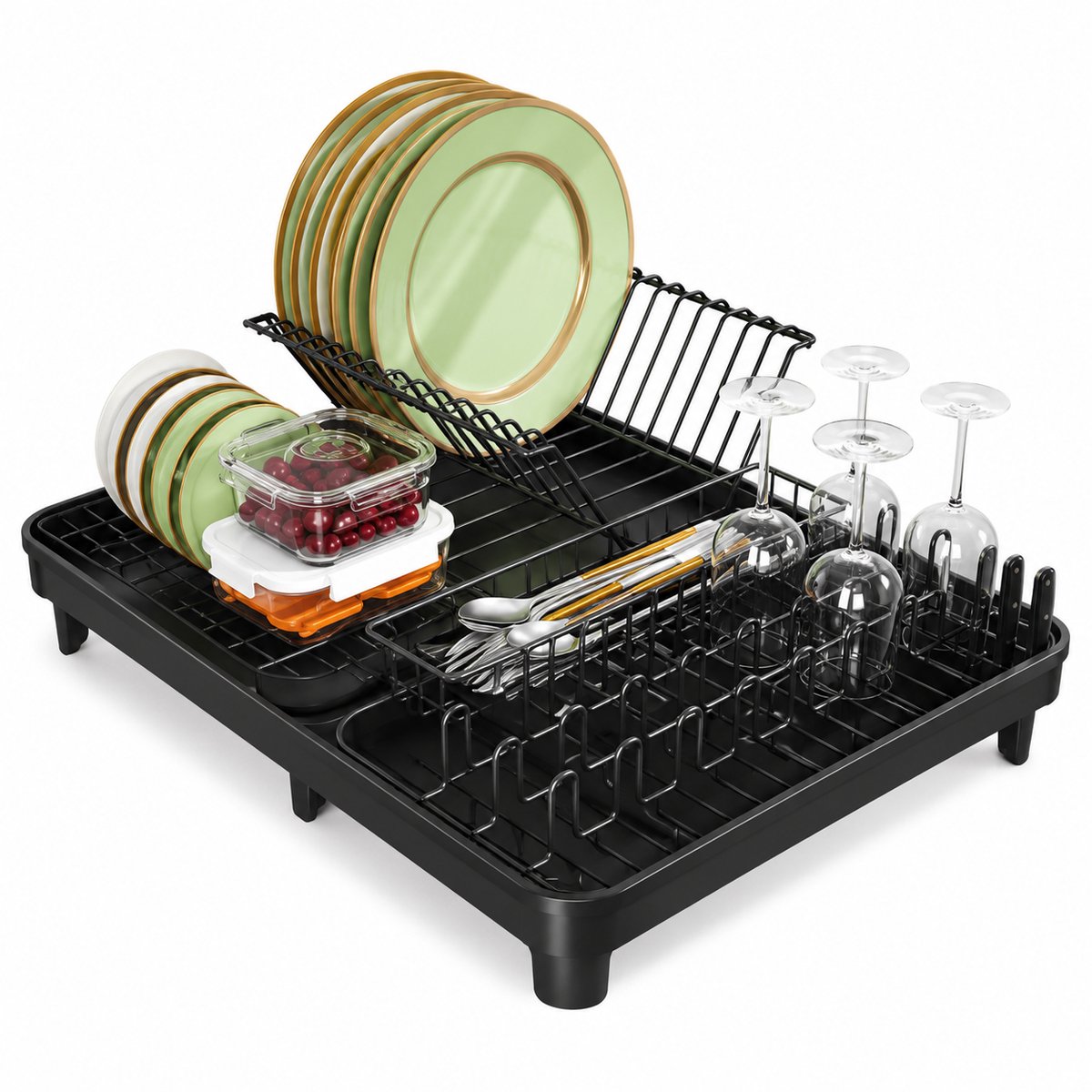 Reky Afdruiprek - Afdruiprek met lekbak - Afwasrek - Afdroogrek - koolstofstaal - Keuken Accessoires - 42 x 33 x 13 cm - Zwart