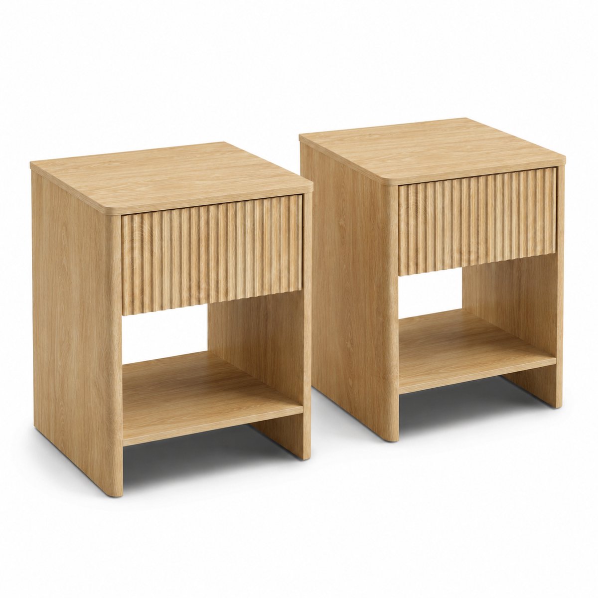 SensaHome Japandi Nachtkastje – Set van 2 – Lade en Open Schap – Slaapkamer Opbergtafel – 45x40x55 cm – Eiken