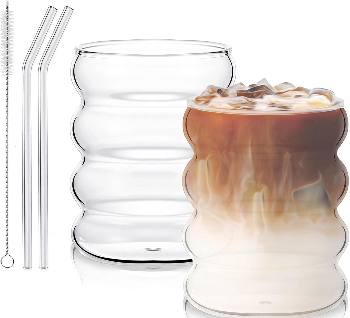Ijskoffie glazen - Transparant - 300 ml - Borosilicaatglas set van 2 met Rietjes - Voor Thuis en Horeca