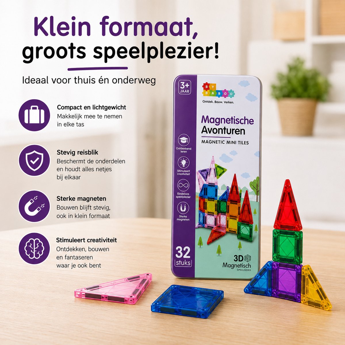 By Baboo® Magnetic Tiles Mini 32 Stuks Reisset + 100 Bouw-Challenges - Travelset - Reisspeelgoed Magnetische Tegels Blokken Cadeau Jongens Meisjes - Montessori Educatief Kinderspeelgoed 3 Jaar, 4 jaar, 5 jaar, 6 jaar, 7 jaar, 8 jaar, 9 jaar — afbeelding 2
