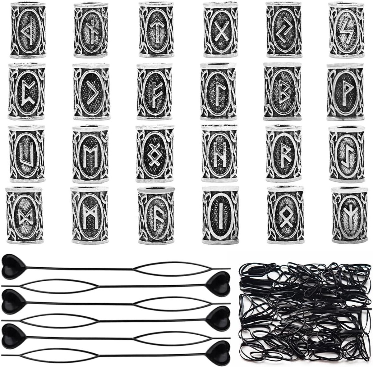24-delige Set met Rune Baardkralen, Haarpins, Snelle Kralenmaker en 200 Elastieken voor Baard- en Haaraccessoires, Scandinavische Kralen voor Mannen, Armband en Ketting