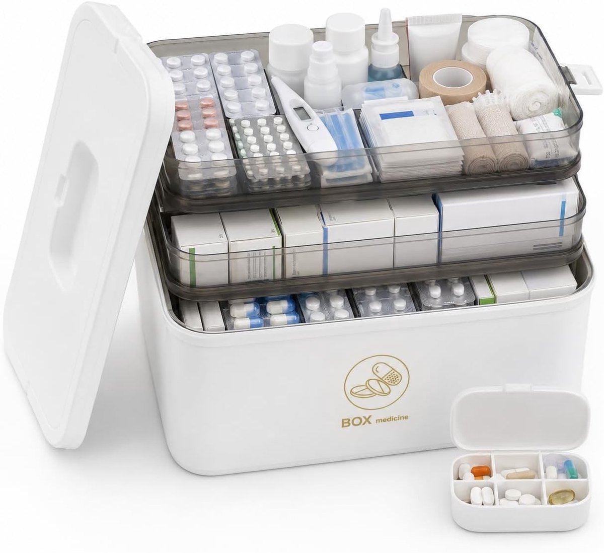 Grote opbergdoos voor medicijnen met draaghandgreep, opvouwbare pillenorganizer voor thuis, reizen en kantoor, 3-laags design, 30x16x24cm, ideaal voor medicatie en supplementen
