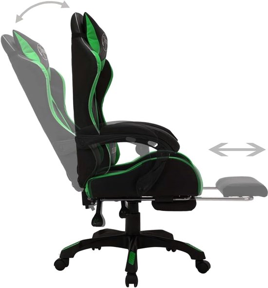 Racestoel met LED - Gamestoel bureaustoel - Comfortabel werken gamen - Verstelbare voetensteun - 64x65x119 cm - Groen zwart — afbeelding 2
