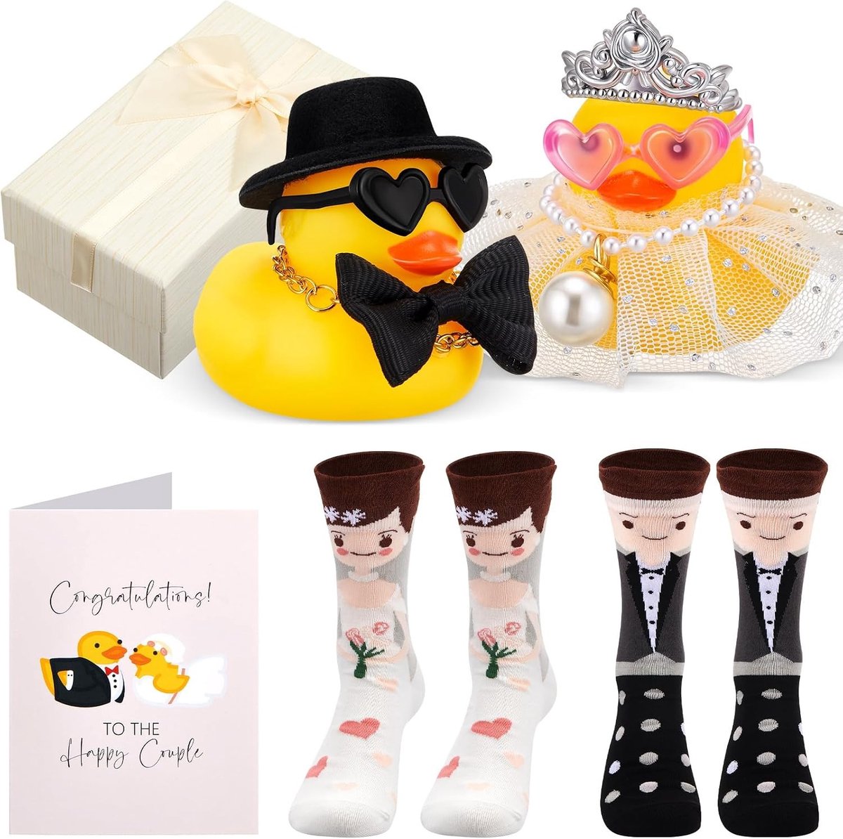 Trouwcadeauset met 2 Eenden voor Bruid en Bruidegom, 2 Paar Trouwsokken en Wenskaarten, Grappig Geschenk voor Bruidspaar, Verloving en Huwelijk