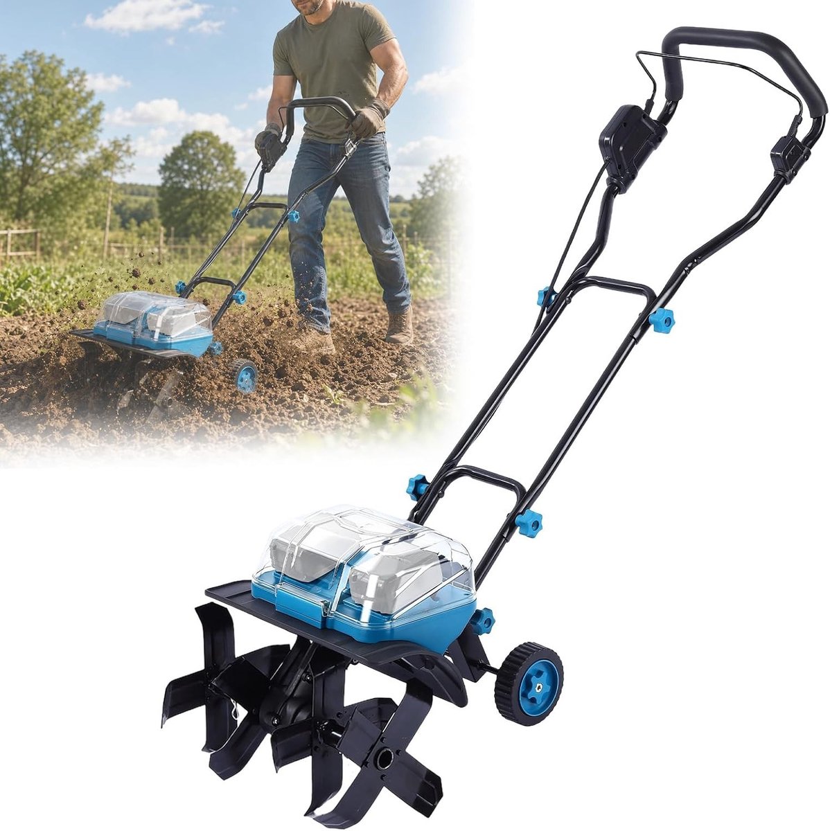 Krachtige accu-tuinfrees met dubbel batterijvak, 1200 W borstelloze motor, 20 cm werkdiepte en 30 cm werkbreedte, ideaal voor tuinonderhoud en grondbewerking
