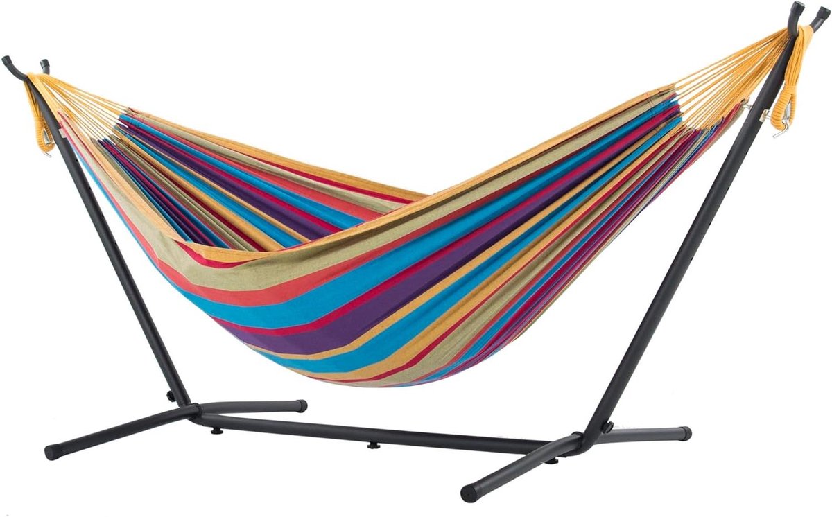 Katoenen hangmat - Dubbele hangmat - Ontspannen in de tuin - Met complete standaard - 250 cm - Tropisch