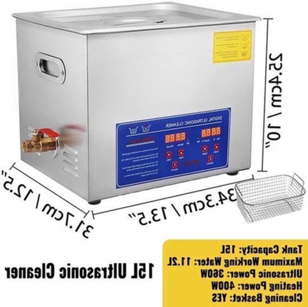 Ultrasoon Reiniger - Reinigingsapparaat voor Brillen - Reinigingsmachine - 15L met Digitaal Display en Verwarming – RVS Reinigingsapparaat voor Thuis en Professioneel Gebruik