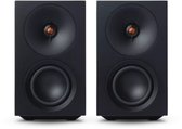 Paar zwarte Cambridge Audio L/R S boekenplankspeakers met koperkleurige tweeters.