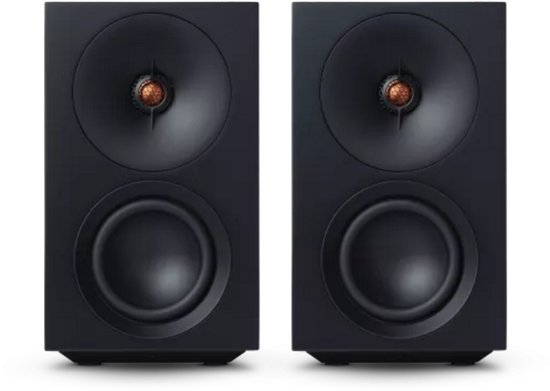 Paar zwarte Cambridge Audio L/R S boekenplankspeakers met koperkleurige tweeters.