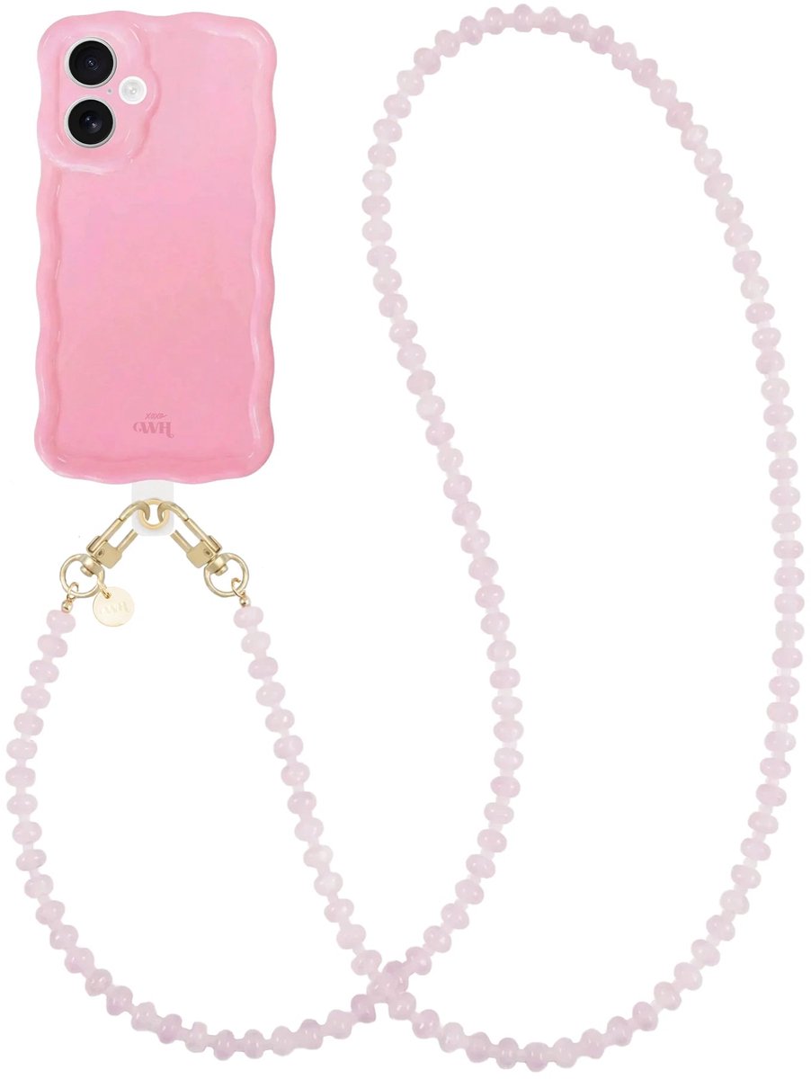 xoxo Wildhearts Glossy Wavy Case Bubble Blush - Dusty Pink (lang koord) - geschikt voor iPhone 16 Plus - hoesje met telefoonkoord - afneembaar koord - Kralenketting - lang telefoonkoord - hoesje met golven - Roze