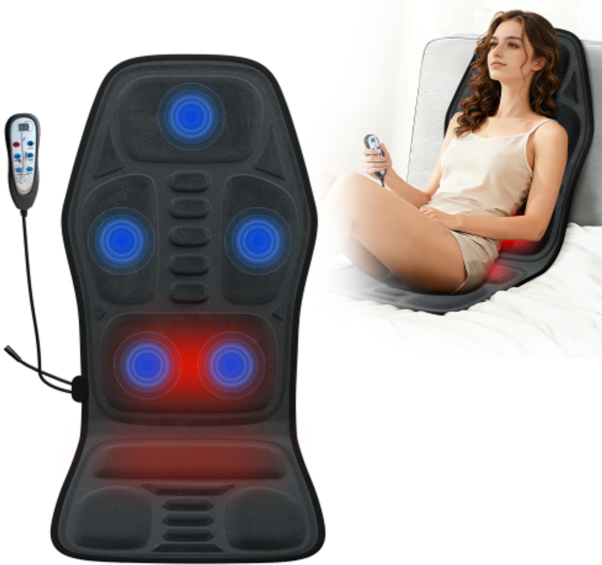 Elektrisch massagekussen – multifunctionele lichaamsmassager – 5 vibratiezones (schouders, nek, rug, lendenen, heupen) – zachte pluche stof – 115 x 50 x 2 cm – met warmtefunctie