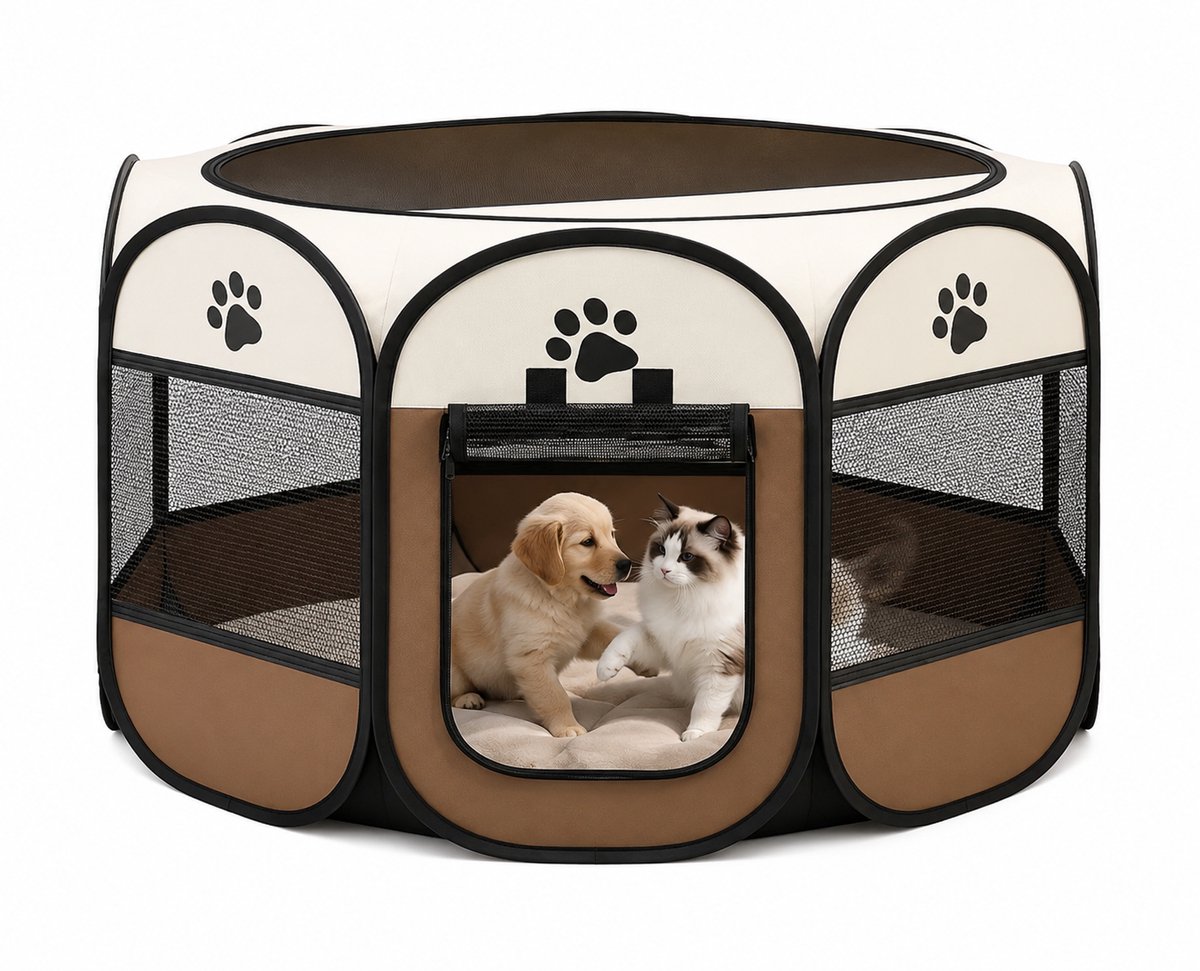 loushops - Kattenmand - Speelmat - Speeltent - Dierenren - Huisdierenspeeltent - Binnen en buiten - Achthoekig - Opvouwbaar - Bruin