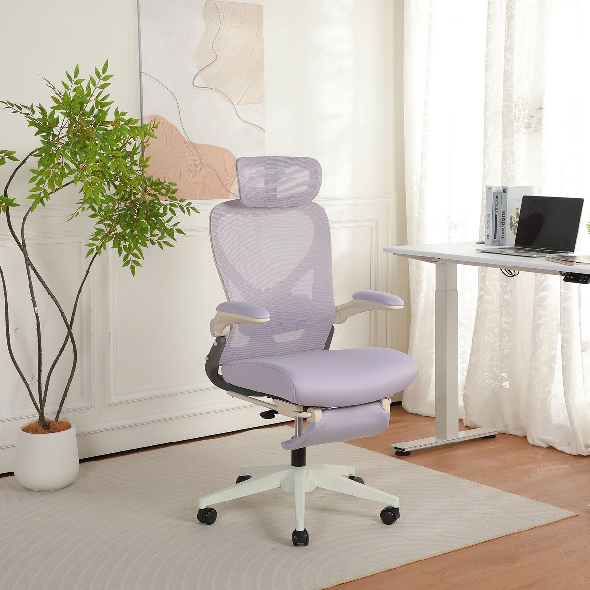 Opvouwbare ergonomische bureaustoel-3D verstelbare hoofdsteun-verstelbare lendensteun-ademende mesh rugleuning-hogedichtheid schuimzitting-kantelbare rugleuning-bureaustoel voor kantoor studie en computer - paars