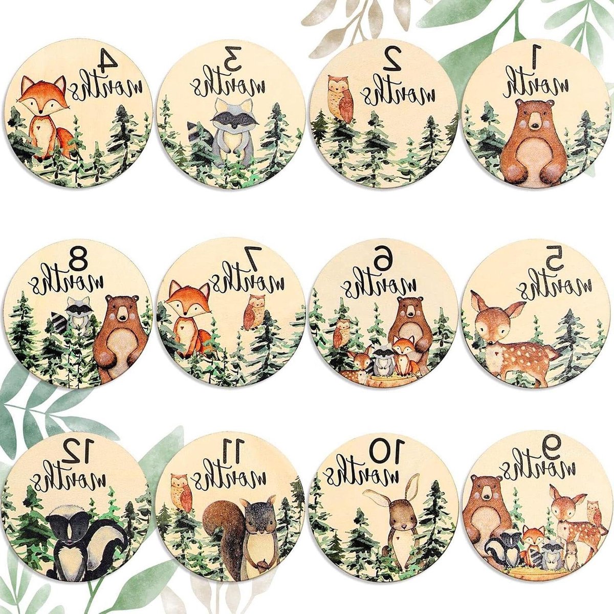 Mijlpaalkaarten Baby - Houten Maandkaarten - Herinneringen Vastleggen - Met Dierenpatroon - 12 Stuks - Natuurlijk Hout