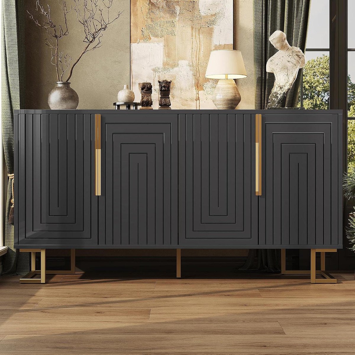 Dressoir met Deuren - Commode Kast - Opbergen Woonkamer - Gouden Details - 152 x 40 x 75 cm - Zwart