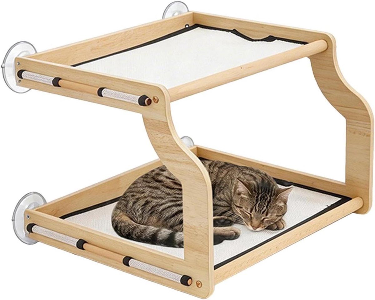Katten Ligstoel - Kattenhangmat Raam - Katten Ontspanning - Boorvrije Montage - 46x43x33 cm - Natuurlijk Hout
