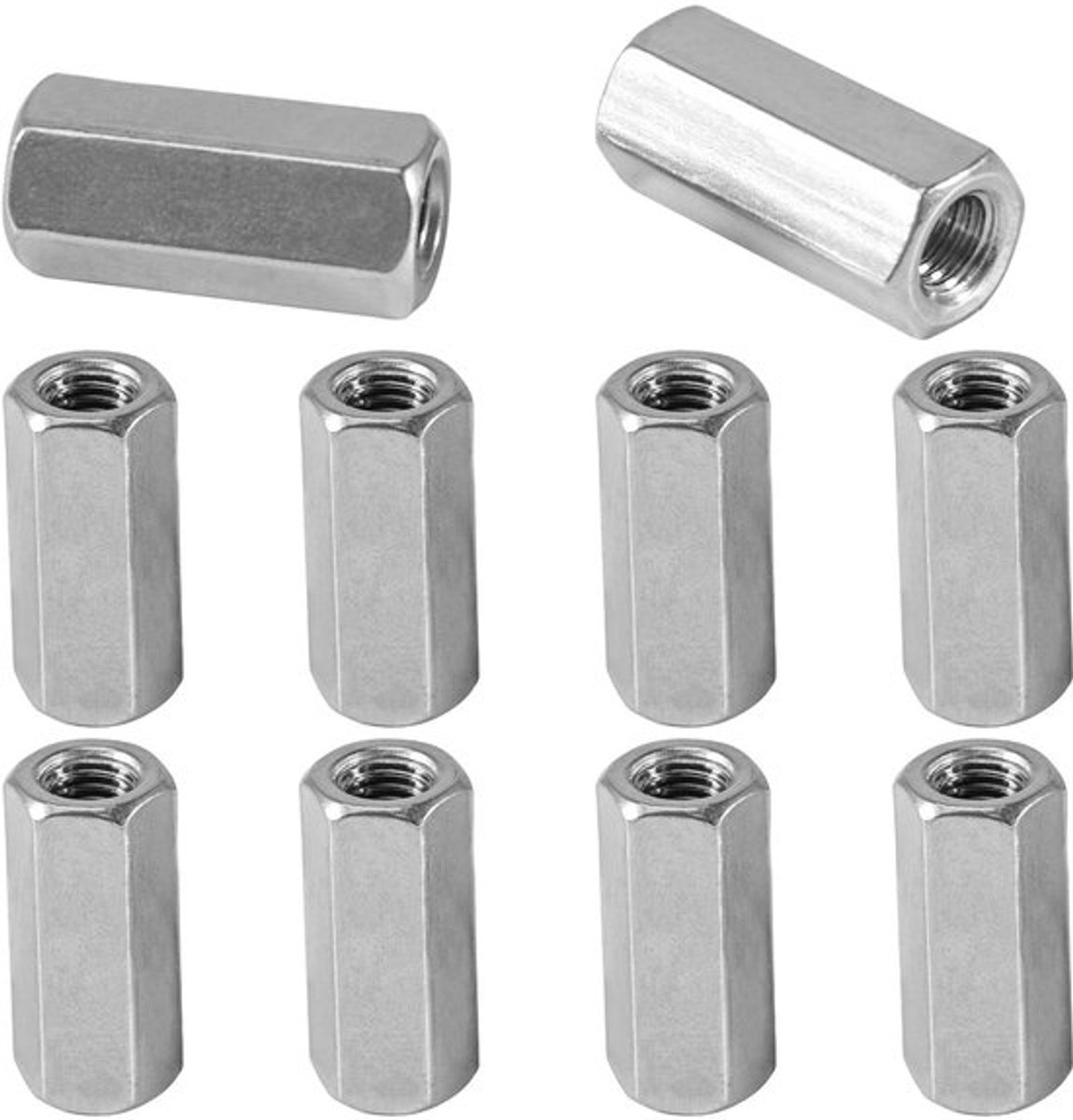 10 stuks M8 x 30 mm lange moeren, lange moeren van roestvrij staal, schroefdraadmof, verzinkt staal, zeshoekige verbindingsmoeren, lange zeskantmoeren, koppelingsmoeren